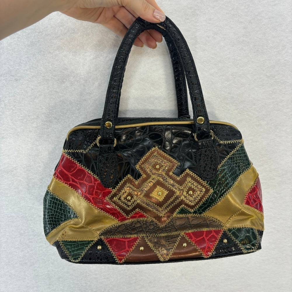 Vintage Patchwork Satchel Bag Black Faux‎ Leather Crocodile Print Handbag Purse